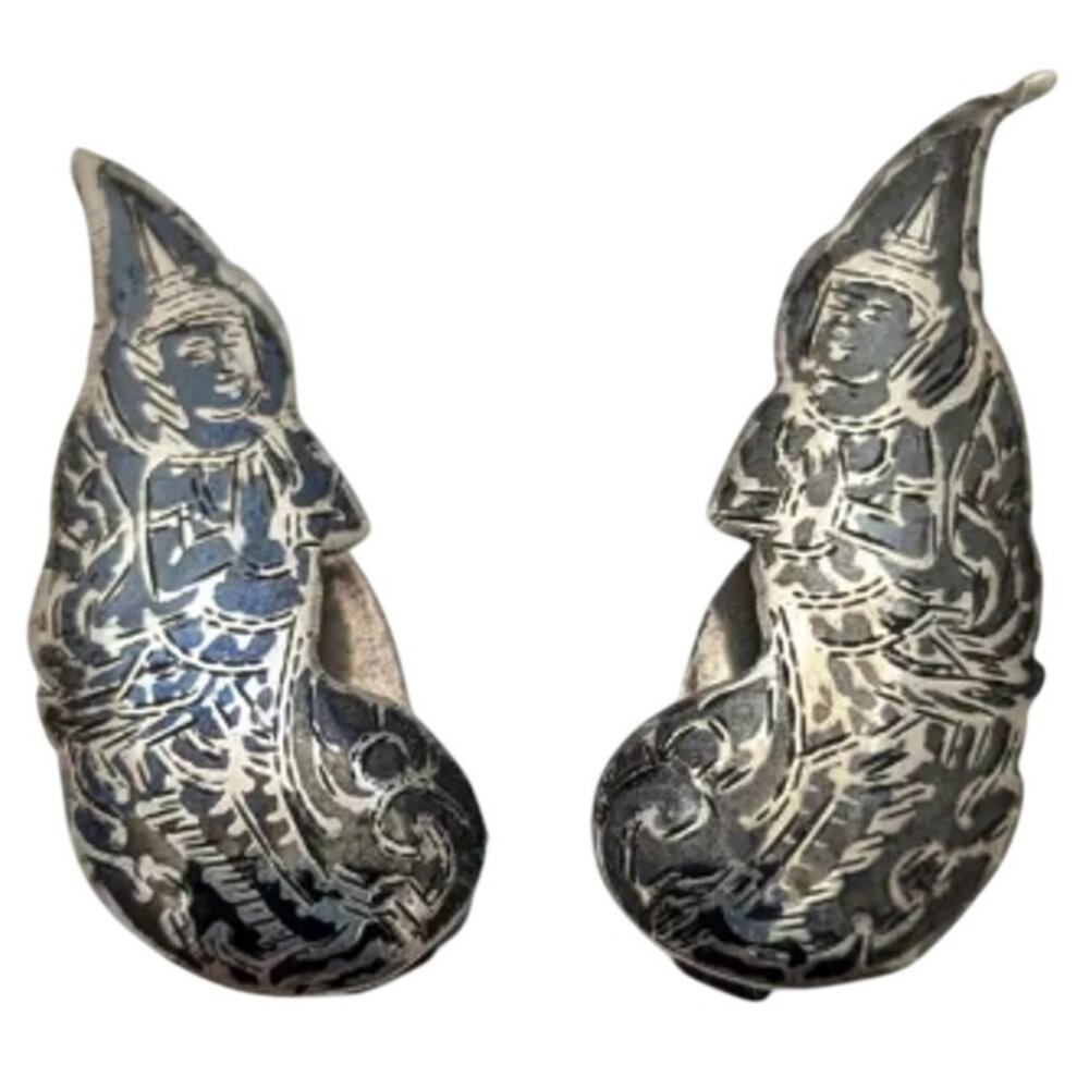 Vintage K.A. Silver Vintage Siamese Silver Clip-On Earrings 1.5 inches